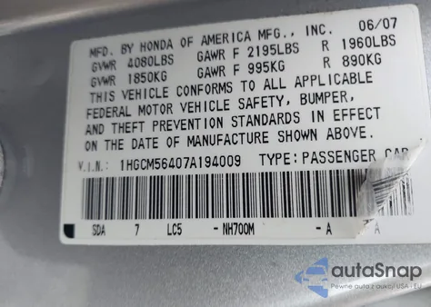 2007 Honda Accord 2.4 Lx z USA, uszkodzony, nr VIN 1HGCM56407A194009